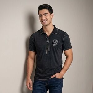 John Varvatos NEW Dragon Patch Polo Shirt Lightweight Cotton Black L Top Buttons